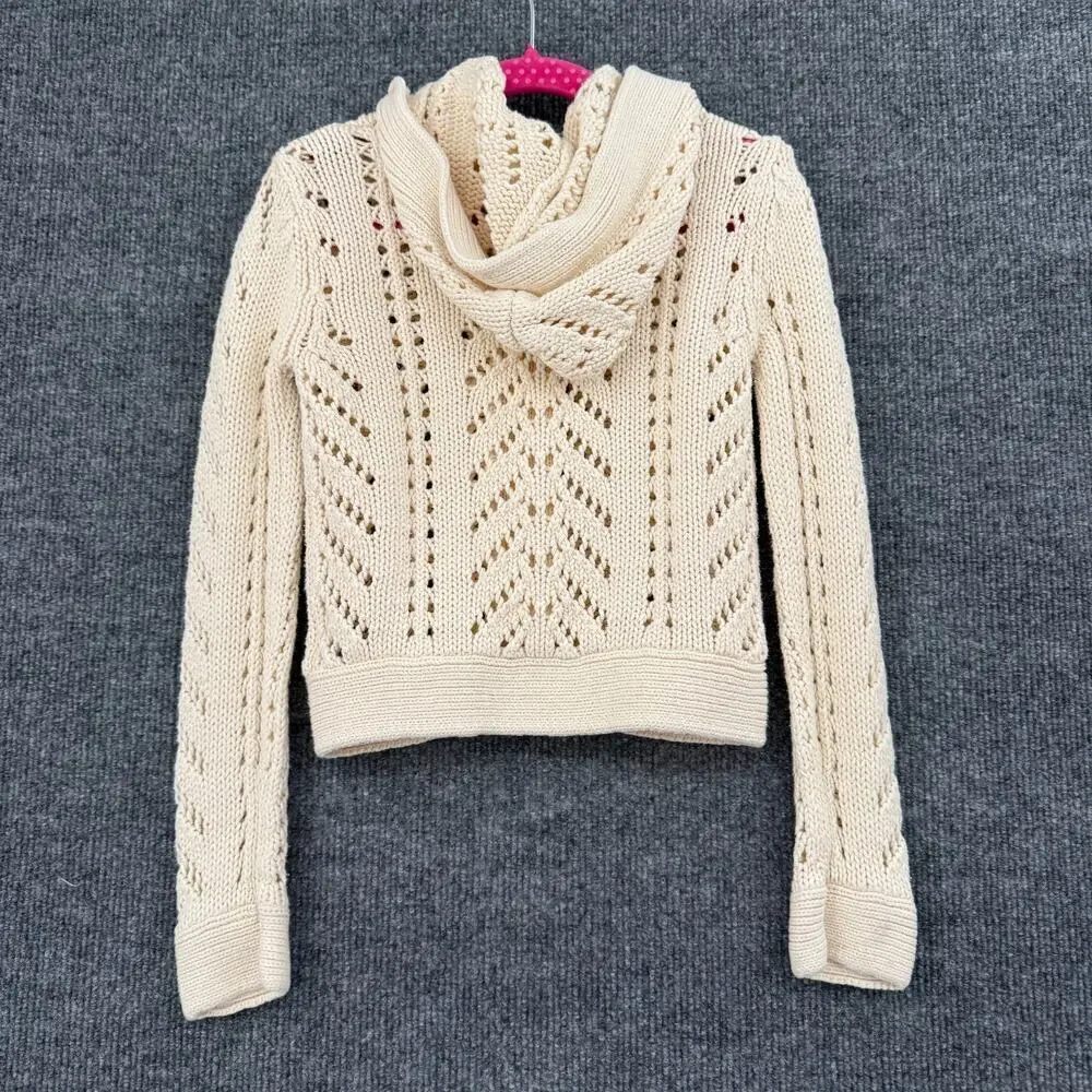 Vintage Old Navy Girls Chunky Open Knit Hooded Sweater Size S Cream Button Front